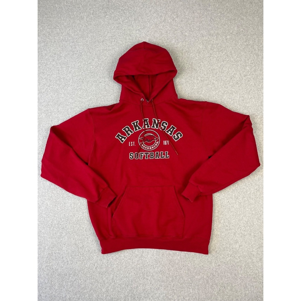 University Of Arkansas Razorback Softball Sweatshirt Mens M Red Hooded Champion